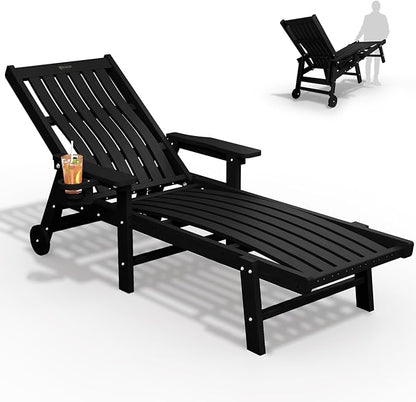 THOEOE Patio Chaise Lounge Chair, Oversized Lounge Chair Outdoor with 5 Positions, HDPE, Patio Lounge Chair with Wheels & Cup Holder for Pool, Deck, Poolside,Black