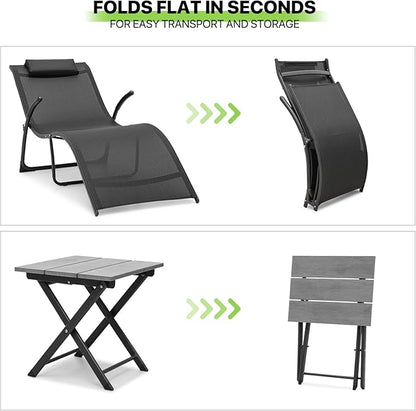 Magshion Outdoor Chaise Lounge Chair Set of 2 with Folding Side Table, Patio Pool Lounger Chairs with Pillows and Armrests, Tanning Recliner for Sunbathing, Beach, Deck, Lawn, Yard, Poolside, Black