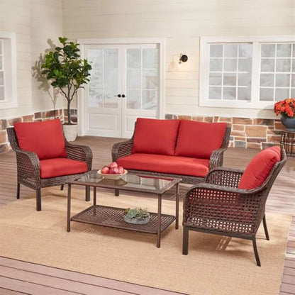 4-Piece Outdoor Conversation Set Includes A Cushioned Loveseat, Two Cushioned Chairs, and A Glass-top Coffee Table