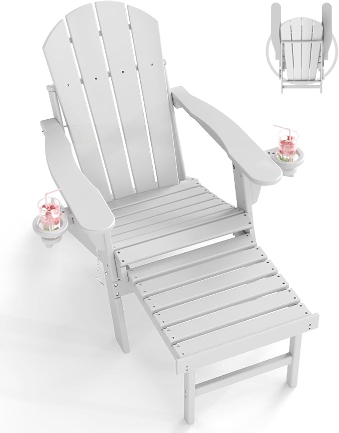 BRIOPAWS Adirondack-Chair-with-Pull-Out-Footrest | Folding | HDPE Plastic | Fire Pit Chairs | All Weather | Cup Holders | Curved Back | Retractable Ottoman | for Outdoor Deck Poolside | White