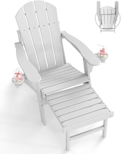 BRIOPAWS Adirondack-Chair-with-Pull-Out-Footrest | Folding | HDPE Plastic | Fire Pit Chairs | All Weather | Cup Holders | Curved Back | Retractable Ottoman | for Outdoor Deck Poolside | White
