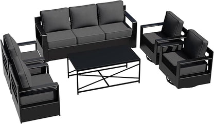 Outdoor Aluminum Furniture Set, 6-Piece Patio Conversation Set, 2 Swivel Chairs, 2 Chairs,1 Sofa and 1 Table, All-Weather Metal Frame, 6" Thick Removable Cushions, Deep Setting for Garden, Porch