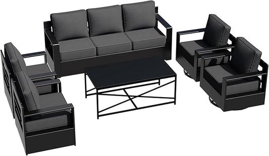 Outdoor Aluminum Furniture Set, 6-Piece Patio Conversation Set, 2 Swivel Chairs, 2 Chairs,1 Sofa and 1 Table, All-Weather Metal Frame, 6" Thick Removable Cushions, Deep Setting for Garden, Porch