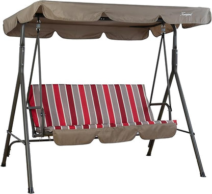 Kozyard Alicia 3-Seat Patio Swing, Outdoor Canopy Swing with Steel Frame, Adjustable Canopy and Removable Cushions for Porch Patio Garden Poolside, Red Stripe