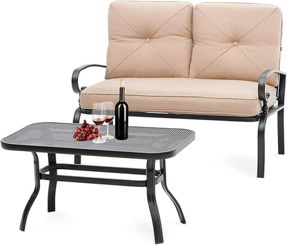 Outdoor 2 Pcs Patio Loveseat Bench Set with Bistro Coffee Table and Patio Steel Frame Sofa with Cushion, Wrought Iron Look, Lawn Front Porch Garden (Brown)