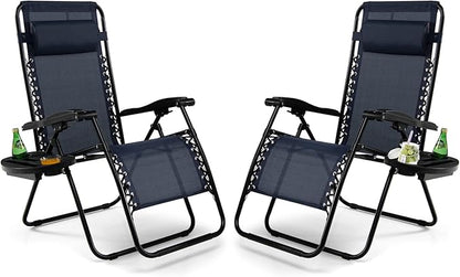 Tangkula Set of 2 Zero Gravity Chair, Folding Patio Lounge Chair Adjustable Outdoor Recliner with Cup Holder, Wide Armrest for Patio Garden Poolside Outdoor Yard Beach, Support 350 lbs (2, Navy Blue)