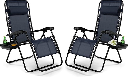 Tangkula Set of 2 Zero Gravity Chair, Folding Patio Lounge Chair Adjustable Outdoor Recliner with Cup Holder, Wide Armrest for Patio Garden Poolside Outdoor Yard Beach, Support 350 lbs (2, Navy Blue)