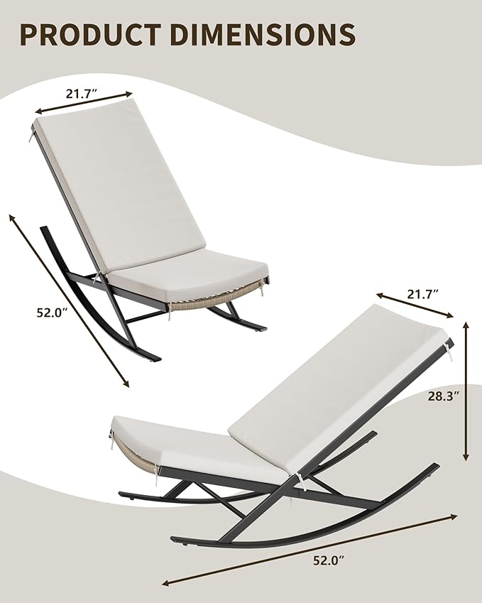 GarveeLife Outdoor Rocking Lounge Chair Set of 2, Patio Chaise Lounge with Removable Cushion for Napping Relaxing, Indoor Reclining Papasan Rocker Chair, Beige