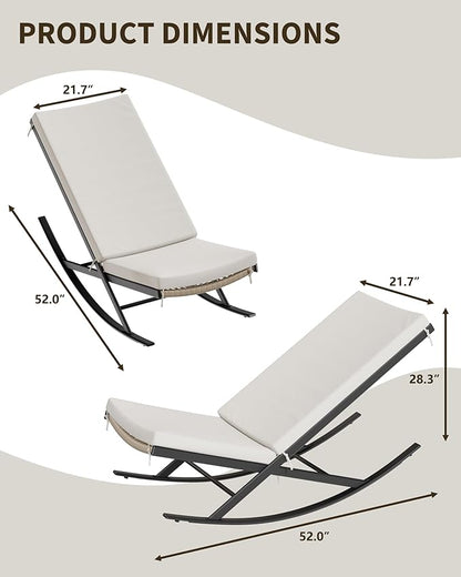 GarveeLife Outdoor Rocking Lounge Chair Set of 2, Patio Chaise Lounge with Removable Cushion for Napping Relaxing, Indoor Reclining Papasan Rocker Chair, Beige