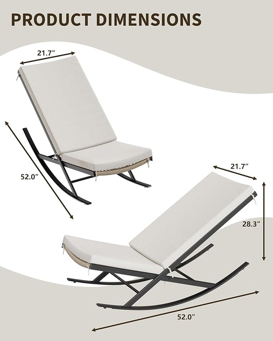 GarveeLife Outdoor Rocking Lounge Chair Set of 2, Patio Chaise Lounge with Removable Cushion for Napping Relaxing, Indoor Reclining Papasan Rocker Chair, Beige