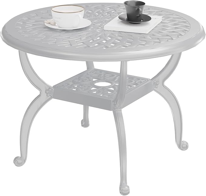 Round Outdoor Coffee Table, Cast Aluminum Side Table with Storage,Indoor End Table, All-Weather Bistro Table for Patio Garden Lawn,White