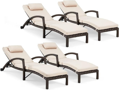 HOMREST Chaise Lounge Chairs Set of 4, PE Rattan Wicker Lounge Chair with Arm and Wheels for Poolside,Khaki