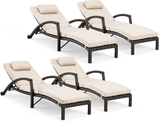 HOMREST Chaise Lounge Chairs Set of 4, PE Rattan Wicker Lounge Chair with Arm and Wheels for Poolside,Khaki