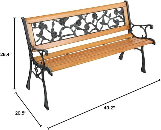 Garden Bench,Outdoor Bench Patio Bench for Metal Bench Park with Armrests Sturdy Hardwood Cast Iron for Yard (49" Rose Style)