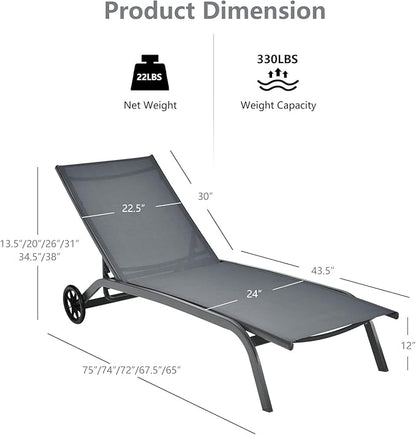 Giantex Patio Lounge Chairs for Pool Area, Outdoor Chaise Lounger with 6 Adjustable Position Smooth Wheels and Quick-Drying Fabric, Lawn Recliner for Backyard, Garden Sunbathing Chair (2, Gray)