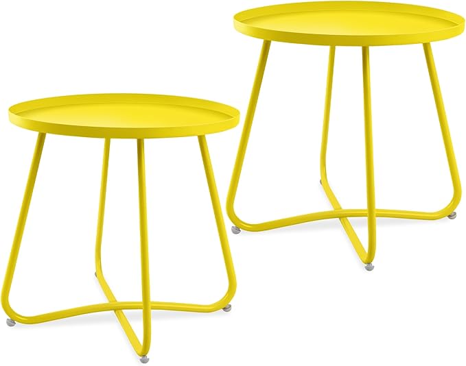 J.M.Deco Outdoor Side Table Set of 2, Small Round Patio Table Weather Resistant Steel, Small Accent End Table for Patio Yard Garden, Balcony, Bedside, Indoor & Outdoor (Yellow)