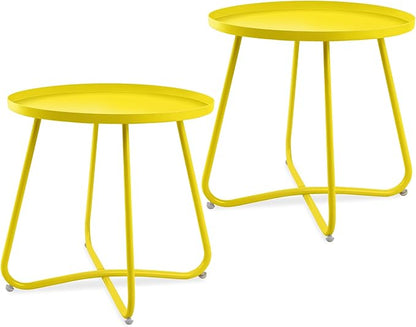 J.M.Deco Outdoor Side Table Set of 2, Small Round Patio Table Weather Resistant Steel, Small Accent End Table for Patio Yard Garden, Balcony, Bedside, Indoor & Outdoor (Yellow)
