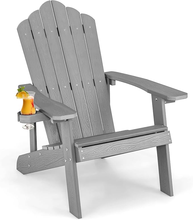 Giantex Outdoor Adirondack Chair - Oversized Patio Chairs w/Hidden Cup Holder, Realistic Wood Grain, 380 LBS Weight Capacity, Weather Resistant Firepit Chairs for Backyard, Garden (1, Light Grey)