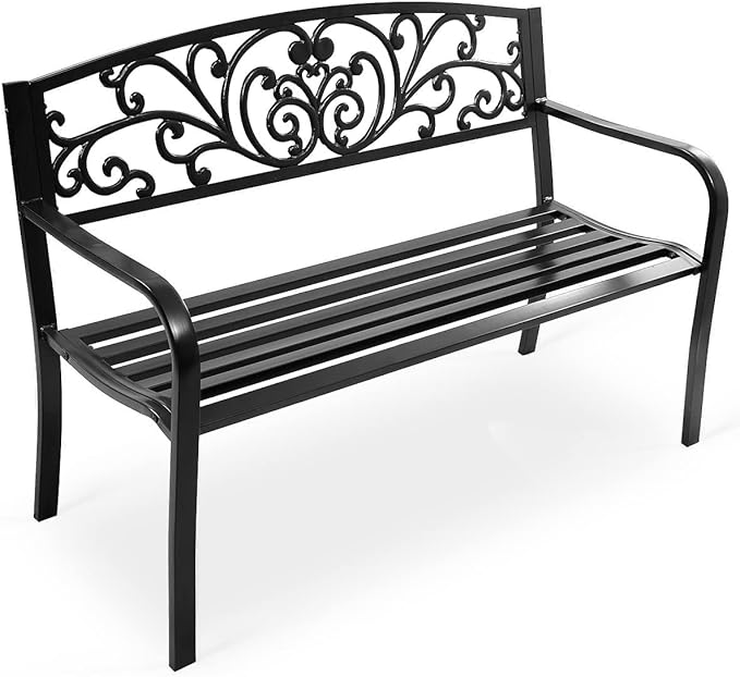 Tangkula Outdoor Steel Garden Bench Park Bench, 50 Inch Patio Park Bench Chair with Heavy-Duty Steel Frame, Outdoor Welcome Bench with Casted Pattern, Ideal for Yard Porch Balcony Garden Park