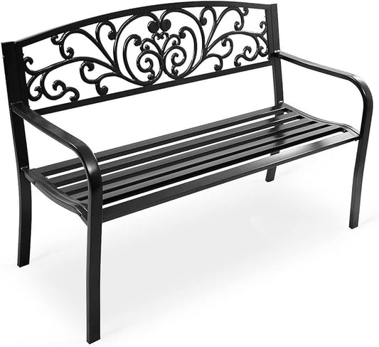 Tangkula Outdoor Steel Garden Bench Park Bench, 50 Inch Patio Park Bench Chair with Heavy-Duty Steel Frame, Outdoor Welcome Bench with Casted Pattern, Ideal for Yard Porch Balcony Garden Park