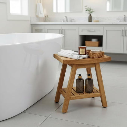 Asta Saba Solid Teak Indoor Outdoor Shower/Bath/Spa Stool Bench with Bottom Shelf, Fully Assembled, TB-115A