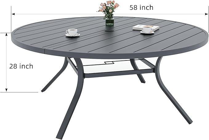 Outdoor Patio Round Dining Table, 58"x 58" Metal Slatted Round Tabletop with Adjustable Umbrella Hole for Deck Lawn Garden Backyard Balcony Deck, Black