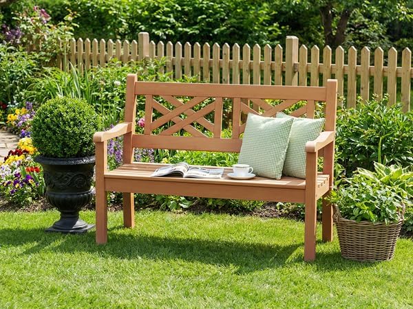 Psilvam 49''W All-Weather Poly Lumber Outdoor Bench – 2- Person Garden Bench with Decorative Backrest & Curved Armrests, Anti-Fade Patio Bench for Porch, Backyard, and Park(Teak Color)