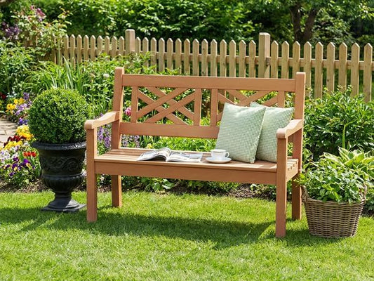 Psilvam 49''W All-Weather Poly Lumber Outdoor Bench – 2- Person Garden Bench with Decorative Backrest & Curved Armrests, Anti-Fade Patio Bench for Porch, Backyard, and Park(Teak Color)
