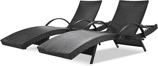 80'' Outdoor Wicker Chaise Lounge Chairs Set of 2, Patio Rattan Reclining Chair with Pull-Out Side Table, Adjustable Backrest for Beach, Poolside, Garden, Backyard, Black