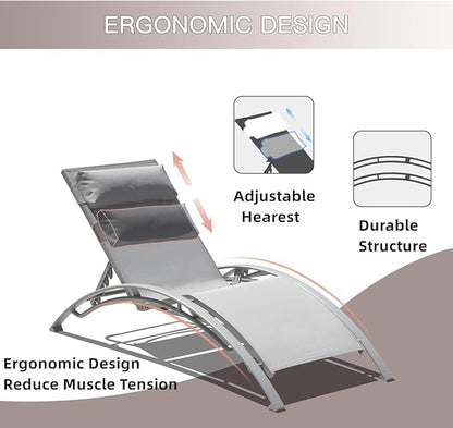 Domi Pool Lounge Chair Set of 3, Outdoor Chaise Lounge with Side Table, Adjustable Garden Aluminum Reclining Chair for Pool Beach Sunbathing Chair (Gray)