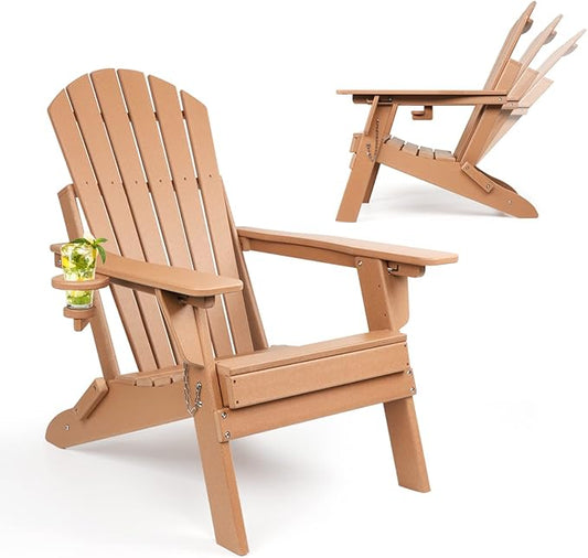 FUNBERRY Folding Adirondack Chair with Adjustable Backrest, HDPE All Weather Fire Pit Chairs with Cup Holder
