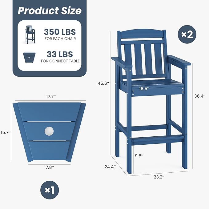 Soohow Tall Adirondack Chairs Set of 2, HDPE Adirondack Bar Stools with Connecting Tray, Bar Height Adirondack Chair Patio Barstool, Ideal All Weather Tall Patio Chair for Balcony, Poolside, Backyard