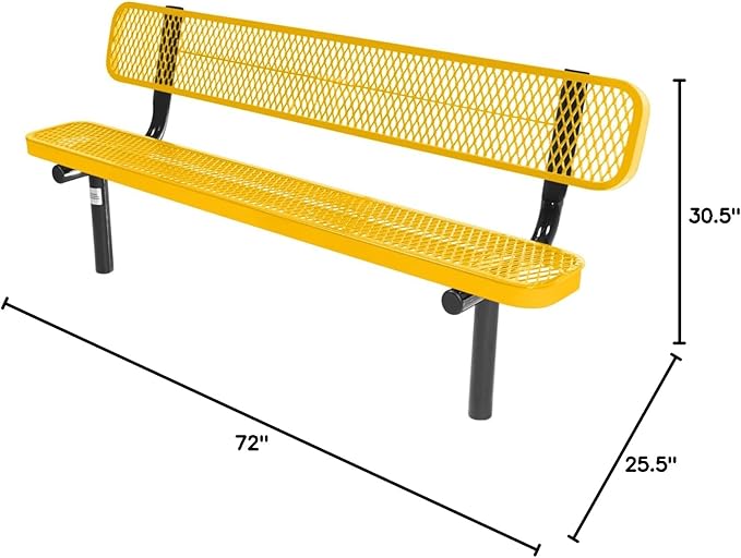 COATEDOUTDOORFURNITURE Heavy-Duty Outdoor Bench Thermoplastic Coated, Expanded Metal, Commercial-Grade Seating, Made in America (Inground with Back, 6 Ft, Textured Yellow)