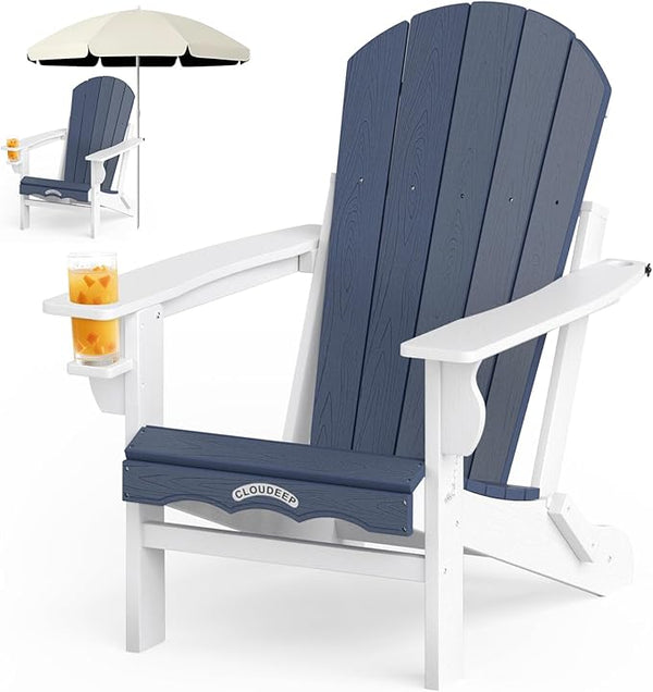 Folding Adirondack Chair –Recyclable HDPE Outdoor Adirondack Patio Chair with Cup Holder, Wood Texture & Umbrella Hole - Photo 1