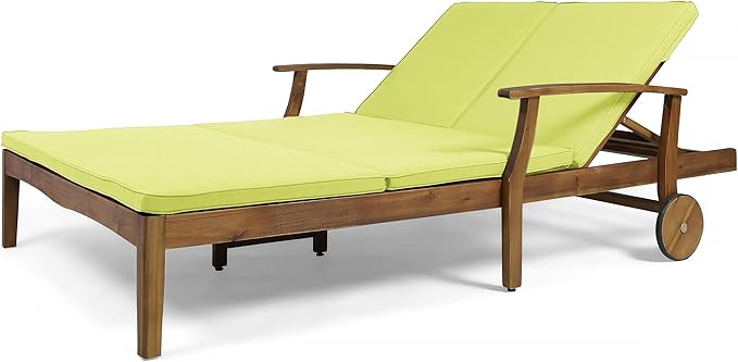 Christopher Knight Home Double Chaise Lounge Outdoor Patio Daybed with Adjustable Backrests, Acacia Wood Frame in Teak Finish, Water Resistant Green Cushions for Poolside Porch Deck