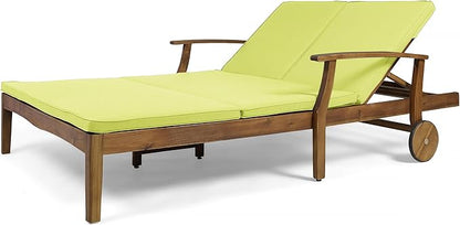 Christopher Knight Home Double Chaise Lounge Outdoor Patio Daybed with Adjustable Backrests, Acacia Wood Frame in Teak Finish, Water Resistant Green Cushions for Poolside Porch Deck