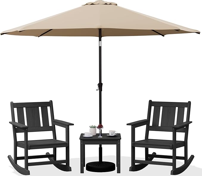 SERWALL Outdoor Rocking Chairs Set of 2 with 1 Side Table & 9ft Patio Umbrella - Photo 1