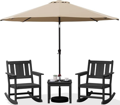 SERWALL Outdoor Rocking Chairs Set of 2 with 1 Side Table & 9ft Patio Umbrella, All-Weather HDPE 3 Piece Patio Furniture Set, Patio Bistro Set with Umbrella Hole for Porch Deck Lawn Balcony, Black
