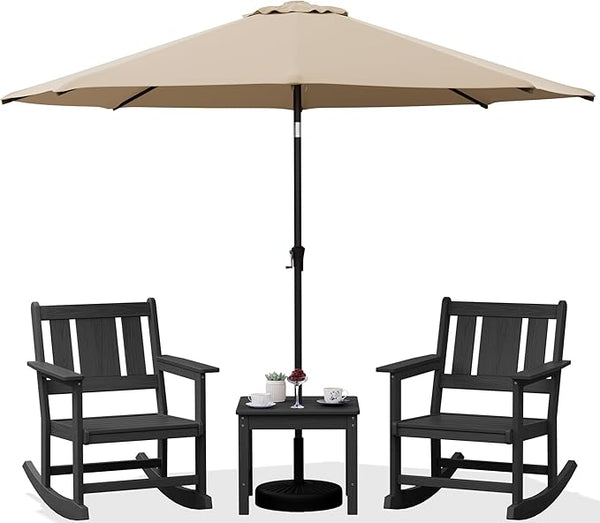 SERWALL Outdoor Rocking Chairs Set of 2 with 1 Side Table & 9ft Patio Umbrella - Photo 1