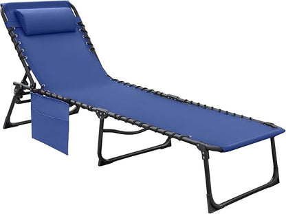 Flamaker Foldable Chaise Lounge Chair 5-Position Adjustable, Tanning Chair with Side Pocket, Outdoor Sunbathing for Pool, Beach, Patio, Lawn, Indoor Recliner Chair for Napping(Blue, 1 Pcs)