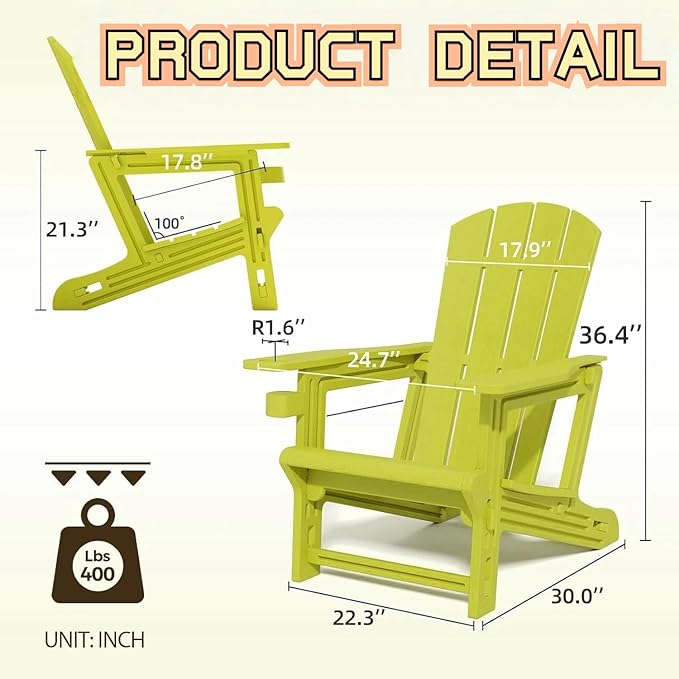 FONTOI Adirondack Chair, Plastic Adirondack Chair with Cup Holder, Outdoor Weather Resistant Lawn Furniture, 400 LBS Capacity Recliner, Garden Backyard Patio Without Screws Install, Set of 4 Yellow