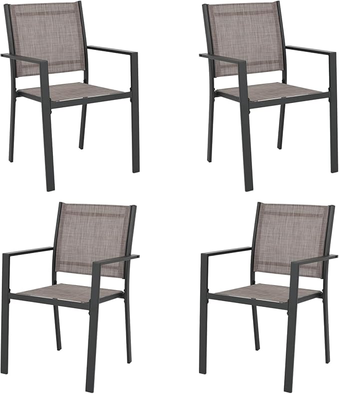 Patio Dining Chairs, All-Weather Textilene Outdoor Dining Chair Set of 4, Heavy-Duty Stackable Minimalist Outdoor Chairs with Armrest, Patio Chairs for Lawn Deck Pool, Brown