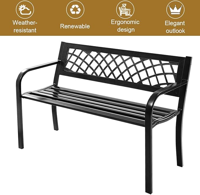 Tangkula Outdoor Garden Bench Park Bench with Steel Frame & PVC Backrest, Park Bench with Large Seat for 2-3 People, Patio Furniture Chair for Yard, Balcony, Porch & Poolside, Garden Welcome Bench