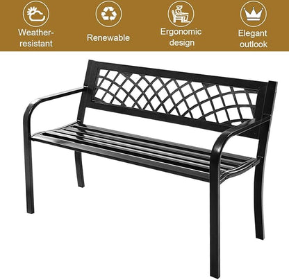 Giantex Outdoor Bench, Garden Bench with Iron Steel Frame, PVC Backrest, Mesh Pattern, Ergonomic Armrests, 500 lbs Metal Outside Bench for Patio Park Porch Lawn Yard Balcony Path Entryway Deck