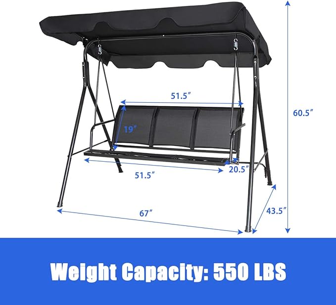 TANGKULA 3 Person Patio Swing, Steel Frame with Polyester Angle Adjustable Canopy, All Weather Resistant Swing Bench - Photo 5