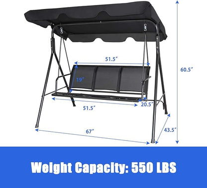 TANGKULA 3 Person Patio Swing, Steel Frame with Polyester Angle Adjustable Canopy, All Weather Resistant Swing Bench, Suitable for Patio, Garden, Poolside, Balcony (Black)