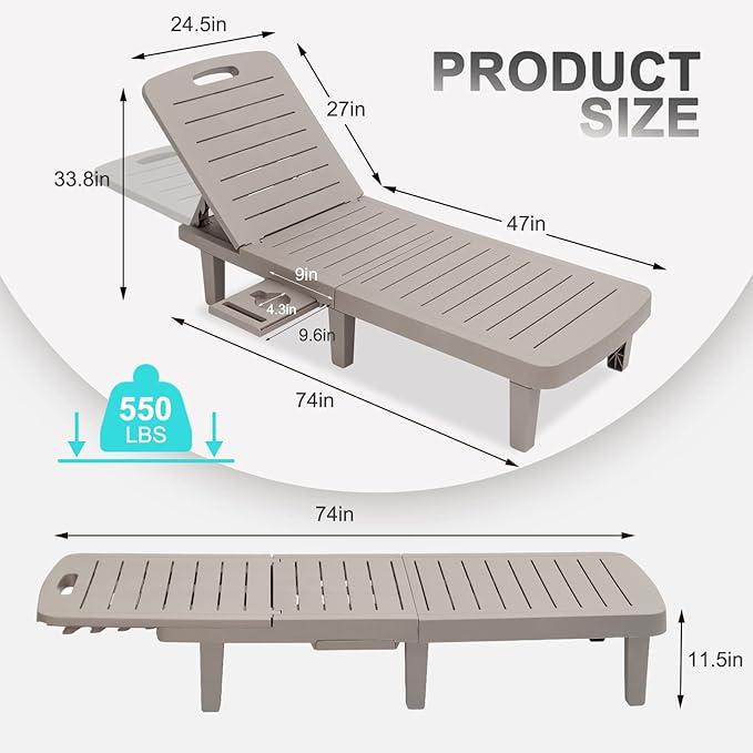 Outdoor Chaise Lounge Set of 3, Waterproof Resin Lounge Chairs for Outside w/Adjustable 5 Positions All Weather Recliner Chair for Patio, Poolside, Beach, Yard, Grey