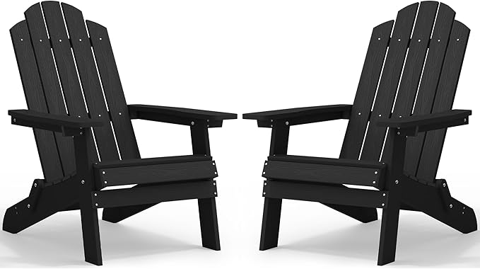 MXIMU Folding Adirondack Chair for Outdoor: Easy to Assemble and Comfortable Adirondack Chairs Set of 2 - All Weather Composite Plastic Chair for Outside Fire Pit Patio Lawn Garden Backyard Use(Black)