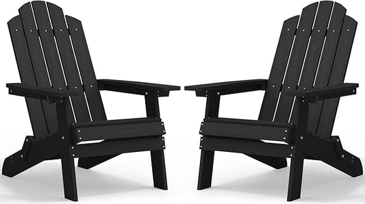 MXIMU Folding Adirondack Chair for Outdoor: Easy to Assemble and Comfortable Adirondack Chairs Set of 2 - All Weather Composite Plastic Chair for Outside Fire Pit Patio Lawn Garden Backyard Use(Black)