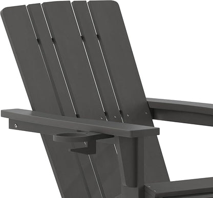 Taylor & Logan Hedley Adirondack Chair with Cup Holder and Pull Out Ottoman, All-Weather HDPE Indoor/Outdoor Lounge Chair in Gray